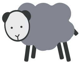 a grey cartoon sheep with a white head and black facial features. it also has black legs and a black tail.