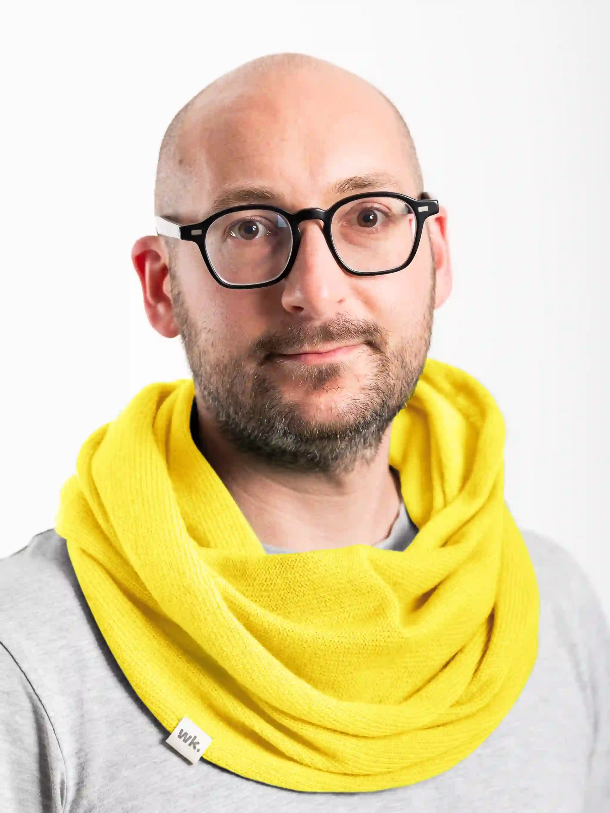 man wearing yellow merino wool infinity scarf - Woolkind